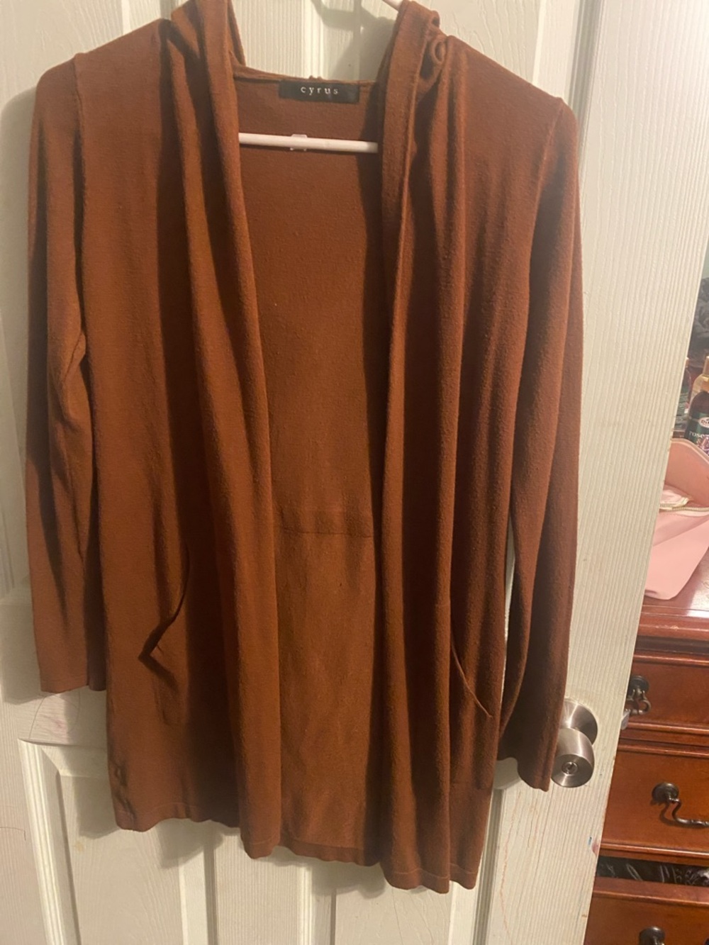 Cyrus Rust Brown Open Front Hooded Cardigan